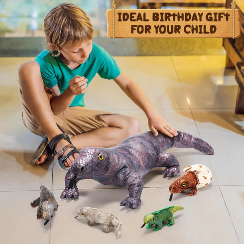 Lenwen 5 Pieces Komodo Dragon Plush Toy Set with 26 Inch Giant Lizard and 4 Plush Baby Lizards for Kids Birthday Gift