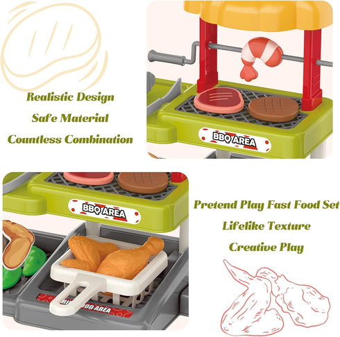 Set: 3+ Kids BBQ Grill Play Coffee, Card Reader, Cash Register, Play Food (Grilled Fish, Wings, Kebabs, Sausages), Play