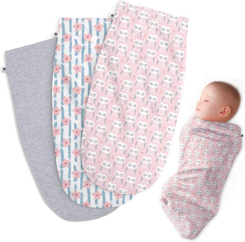 Henry Hunter Baby Swaddle Sack, Soft Stretchy Cotton Swaddles for Newborns, Pack of 3, 0-3 Months, Flower, Owl, Light
