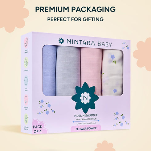 4 Pack 100% 47 47 inches, Muslin Swaddle Blankets for Newborns, Multipurpose Organic Cotton, Ultra Soft Breathable