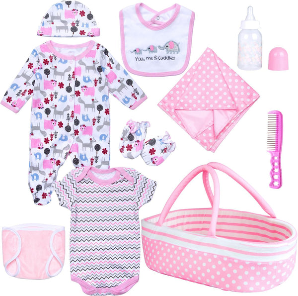 10Pcs Reborn Baby Doll Clothes with Bassinet Blanket Diaper fit 17-22 inch