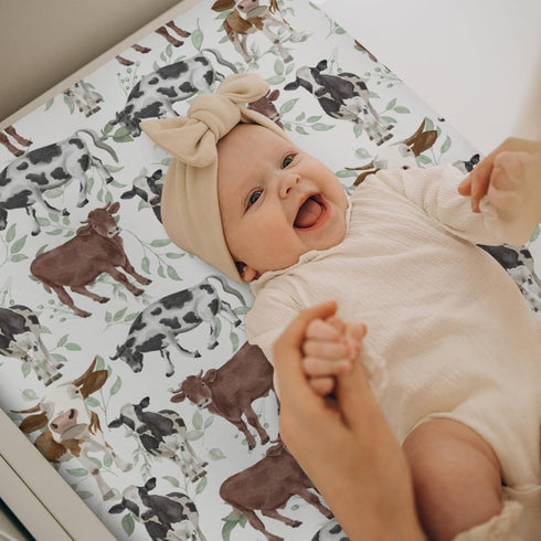 ZoUbqchY 32''16'' Watercolor Cows Green Leaves Baby Changing Pad Covers for Boys Girls Cow Yak Cattle Farm Animal
