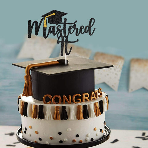 Black Glitter Mastered It Cake Topper - College Grad Congratulations MBA Graduation Party Decorations