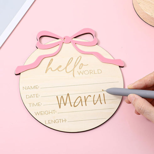 Nogeqi Hello World Newborn Sign Baby Name Announcement Sign Bow Birth Announcement Sign for Hospital Baby Welcome
