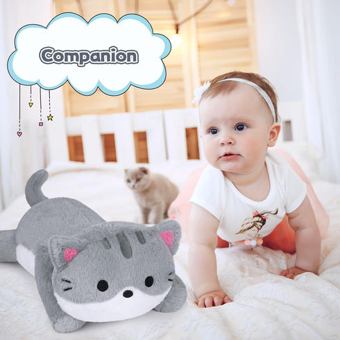 18in Weighted Stuffed Animals Cat Plush - Kawaii Gray Cat Plush Toy, Soft Throw Pillow for Kids
