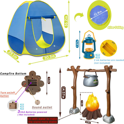 MITCIEN Kids Camping Set with Play Tent, Campfire, Binoculars, Oil Lantern, and Pretend Cutting Fruits for 3-5 Year Olds