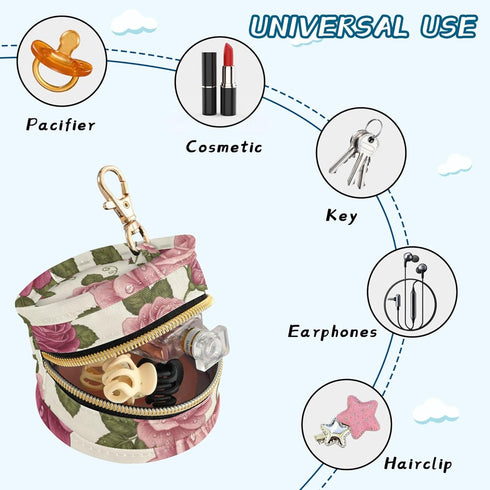 PYBUG Rose Round Pacifier Storage Case, Polyester & TPU Lined with Hook Buckle, Pacifier Container Box for Baby