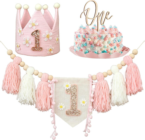 1st Daisy Highchair Wood Bead Tassel Garland Crown Hat Wooden Cake Topper Birthday Baby Shower Decorations