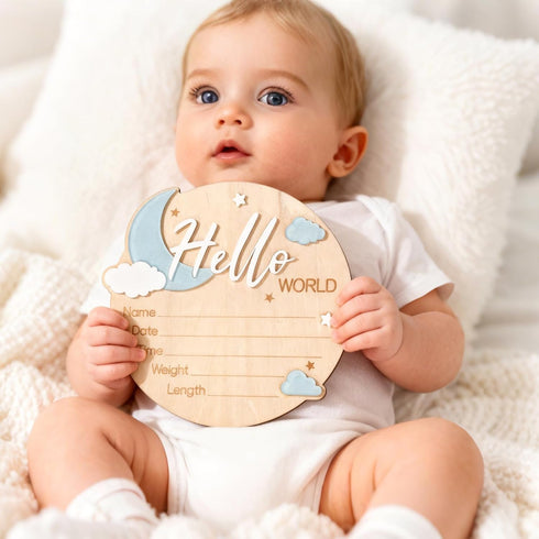 Penitue 15cm/5.91in Baby Announcement Sign, Wooden Hello World Newborn Welcome Sign Birth Baby Name Plaques