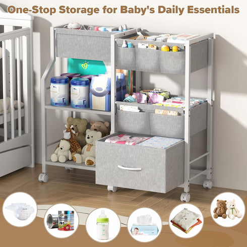 Novvia 3 Baby Diaper Caddy Organizer and Storage, Tier Rolling Cart with Dividers and Drawers, Mobile Utility Cart