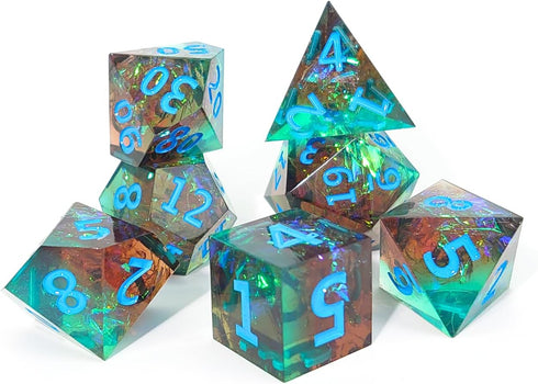 Handmade Sharp Edge Color DND Dice, 7 Piece Polyhedral Dice for TTRPGs, Dungeons and Dragons, Ice Tea with Mint