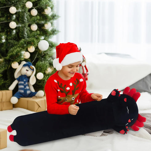 Long Axolotl Stuffed Animal, Soft Plush Body Pillow, Cute Gifts for Kids, Girlfriend (Black & Red, 110cm)