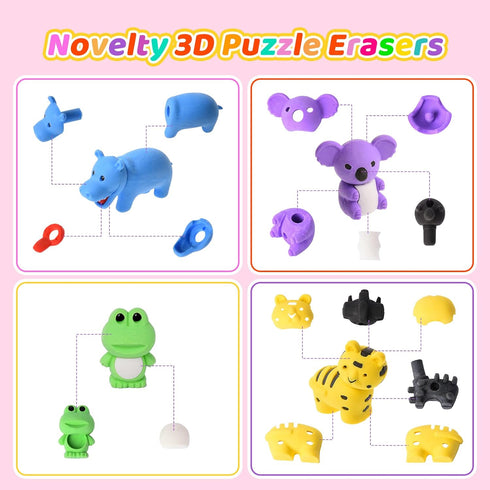 Kaemi 64Pcs Animal Erasers for Kids, 3D Puzzle Erasers, Bulk Pets Toys for Party Favors and Games