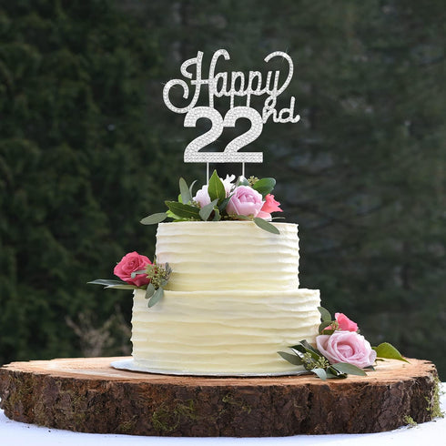LINGTEER Happy 22nd Birthday Silver Rhinestone Cake Topper - Cheers to 22 Years Old Party Cake Centerpieces Decorations