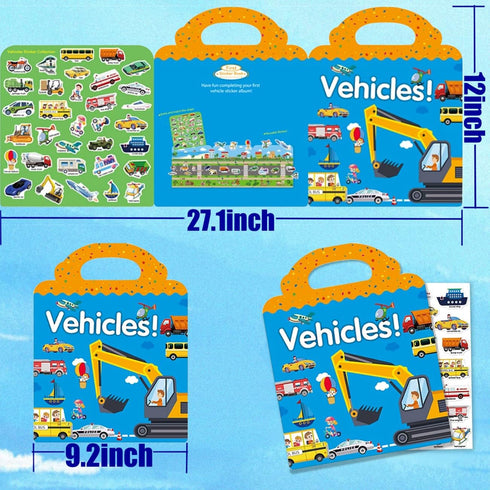 Reusable Sticker Book for Kids, Vehicles Truck Stickers, Educational Travel Activity Books for Toddler Age 3+