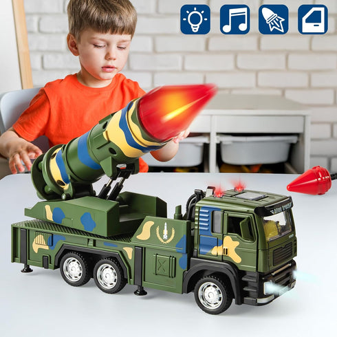 Youlechen 3-6 Military Missile Launch Truck Toy, with Lights Sounds and Pull Back Army Car, Alloy Die-cast Simulated