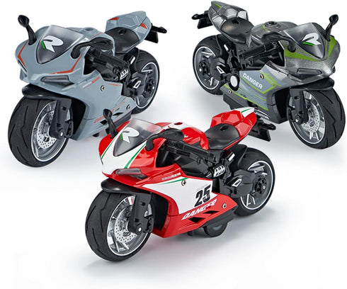 Pull Back Motorcycle Toys with Music Light - Race Motorcycles Gift for Boys 3-8 Years Old (RedWhite)