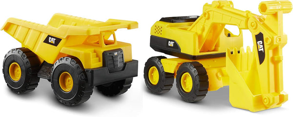 CAT Construction Toys - Tough Rigs 15" Dump Truck & Excavator Set, Kid Powered Vehicle Set for Ages 3+