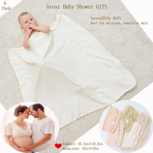 6-Pack Set 5 37.5 37.5 Inches Organic Cotton Baby Bath - Embroidered Hooded Towel & Soft Washcloths, Ultra Soft