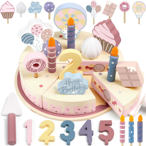Wooden Birthday Party Cake Play Food Sets for Toddler 2 3 4