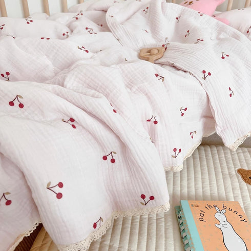 1 47x59 Inches, BuLuTu Piece Baby Toddler Muslin Quilt Blanket Crib Comforter Cute Cherry Print Quilted Blankets