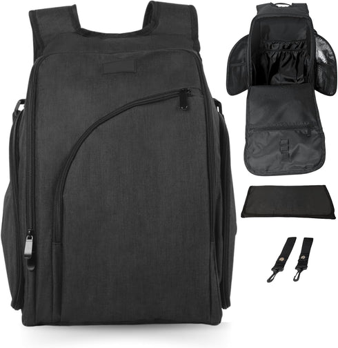 Backpack JOHAR Diaper - Spacious, Waterproof with Changing Pad, Insulated Pockets, Anti-Theft Pocket - Black
