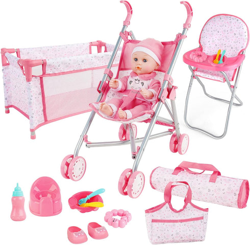 deAO Baby Doll Stroller Crib Bed Nursery Role Play Set Baby Doll