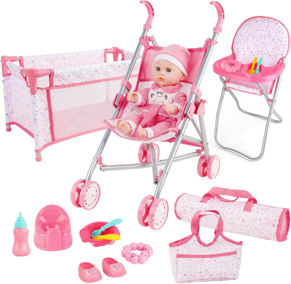 deAO Baby Doll Stroller Crib Bed Nursery Role Play Set Baby Doll