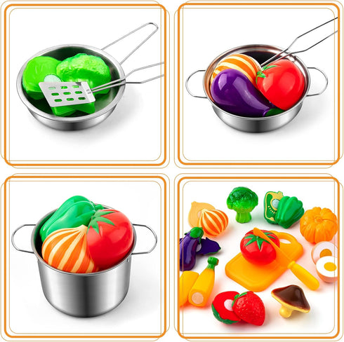 26PCS Set, Tigerhu Play Kitchen Accessories, Kitchen Pretend Play Cooking Toys w/ Stainless Steel Cookware, Apron