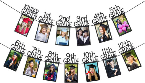 Black Glitter K-12 Graduation Photo Banner, Kindergarten to 12th Grade Picture Banner for Party Decorations 2025