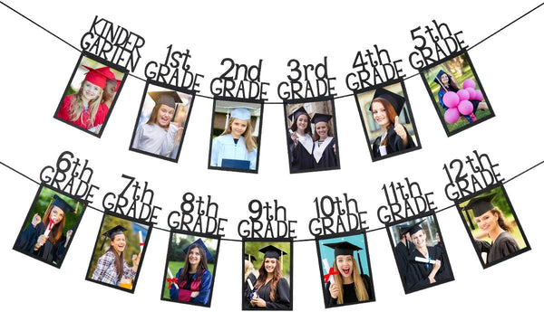 Black Glitter K-12 Graduation Photo Banner, Kindergarten to 12th Grade Picture Banner for Party Decorations 2025