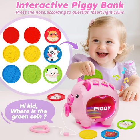 1 6-12-18 1st 7 8 9 10 Musical Piggy Toys for Year Old Girl Gift, Piggy Bank with Educational Number, Color, Animal