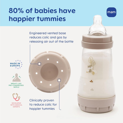 9oz 2+ 4 Pack MAM Easy Start Anti-Colic Wide Neck Baby Bottle, Medium Flow Breastfeeding-Like Nipple, Reduces Colic Gas