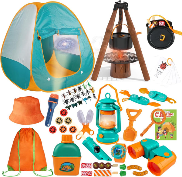 Qtioucp Kids Camping Set 50pcs with Tent & Space Projector Flashlight- Outdoor