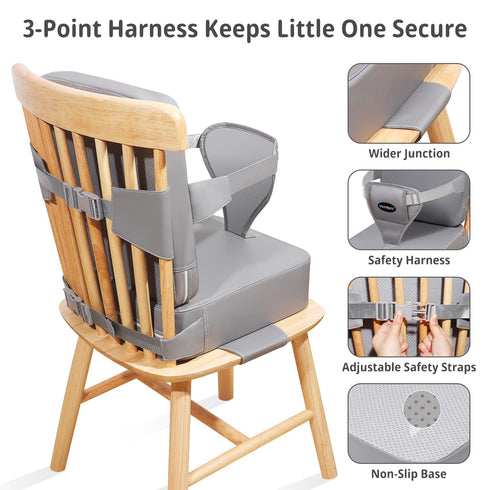 Toddler Booster Seat for Kitchen Chair with Removable Backrest & Adjustable Straps, PU Portable Waterproof & Non-Slip