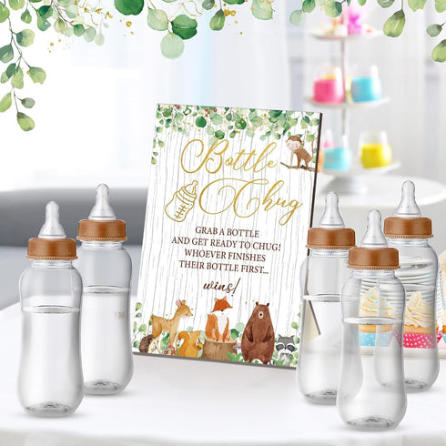 Sets 12 TrelaCo Woodland Animal Cool Baby Shower Games Bottle Chug Sign Wooden Woodland Gift Gender Reveal Party Favors