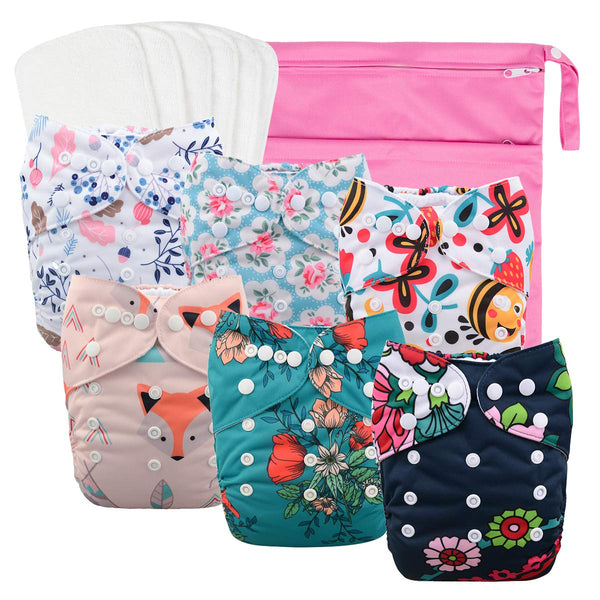 babygoal Reusable Cloth Diapers for Girls, Adjustable Washable Nappy 6pcs+ 6pcs Microfiber