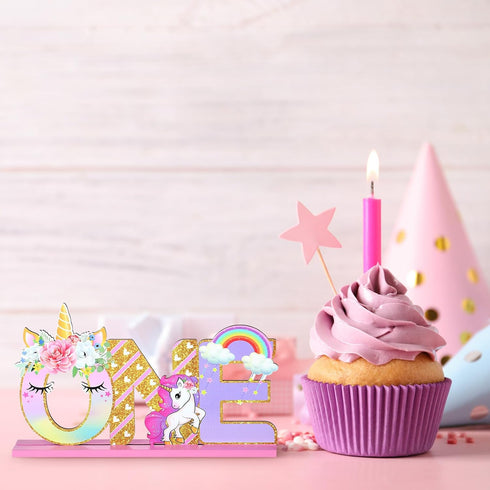 Unicorn One Letter Sign for 1st Birthday - Wooden Table Centerpiece Rainbow Party Decor & Photo Shoot Prop