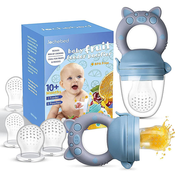 Baby Fruit Food Feeder Pacifier, 6 Pcs Silicone Teething Toy for 3-24 Months, Blue & Gray Piggy Handle