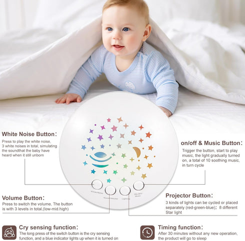 wiqins Baby Sleep Soother Cry Sensor Dinosaur Night Light Projector Baby Sound Machine Plush Stuffed Animal Toys
