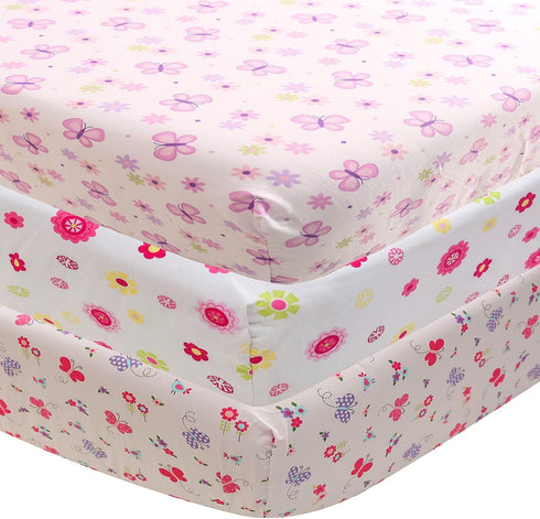 Generic Floral Butterfly Crib Fitted Sheet for Girls -3 Pack- Pink,Floral Baby Sheets
