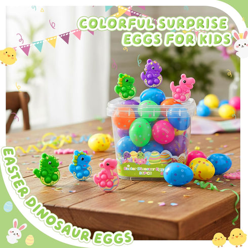 BicMan 36 Pack Prefilled Easter Eggs with Dinosaur Pop Fidget Toys, Easter Egg Hunt Basket Stuffers for Kids, Easter