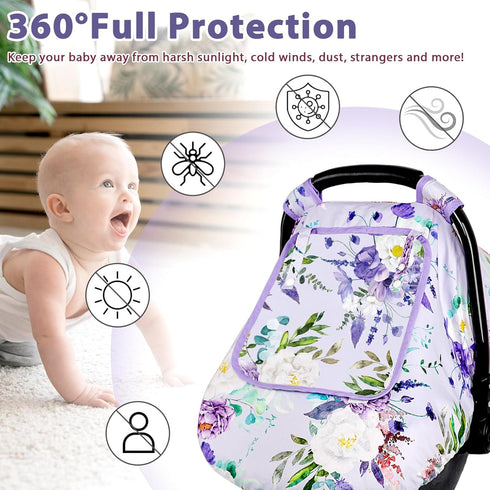 Car Seat Cover Baby Girl, Warm Winter Carseat Cover for Baby, Purple Floral Infant Car Seat Canopy with Peep Window