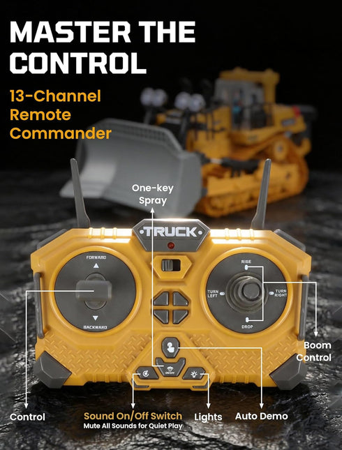 Bulldozer 11-Channel Dozer 2 1:20 3-12 Metal RC Toy for Kids Remote Control with Lights & Sounds, Rechargeable