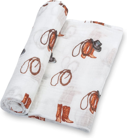 Swaddle Blanket, 100% Muslin Cotton, Gender Neutral Newborn Nursery Essentials, Cowboy Boot Print