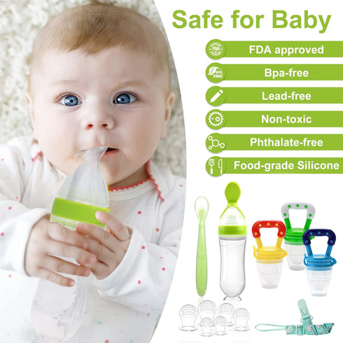 Food Feeder for Baby, Fruit Feeder Pacifier (3 Pcs) with Silicone Baby Food Dispensing Spoon and Pacifier Clip