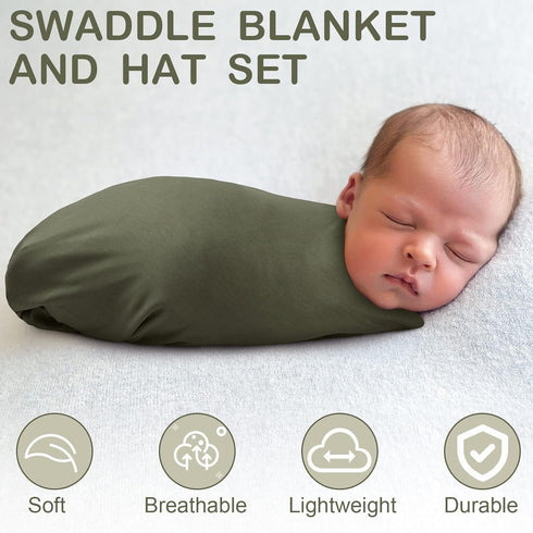 2 Set 47" 47" JaGely Pcs Stretchy Baby Swaddle Blankets Extra Soft x Baby Newborn Swaddle Blanket and Hat(Blue, Army