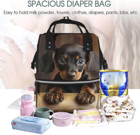 HJTRW Backpack Mummy Backpack Dog Dachshund Diaper Bag for Women Waterproof Large Nappy Bag Nursing Bag