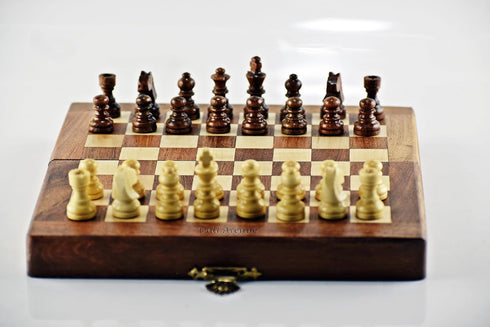 Wooden Magnetic Chess Board Set, 7" Folding Game for Adults & Kids, Portable Travel Chess