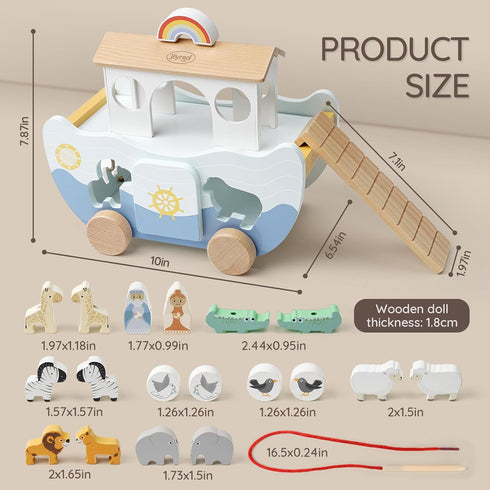 1 1-3 Joyreal Wooden Noah's Ark Toy for Year Old Baby Boy and Girl Baptism Gift - Neutral Color Montessori Educational